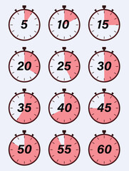 Time Management Collection of Stopwatches Showing Intervals from 5 to 60 Minutes