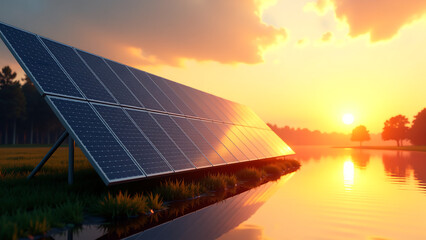 cluster solar panels bathed warm golden light sunset dark surfaces reflected calm serene lake surface