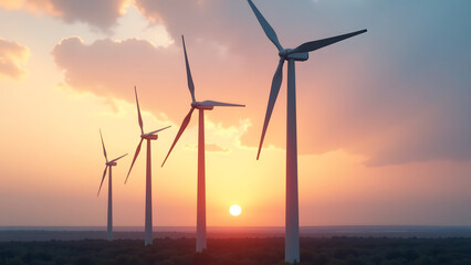 Fototapeta premium cluster wind turbines stand tall serene sky dusk slender blades slowly rotating sun sets soft golden