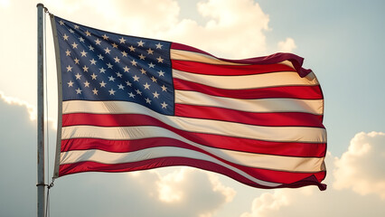 faded vintage american flag waves gently breeze stripes stars fluttering soft natural background