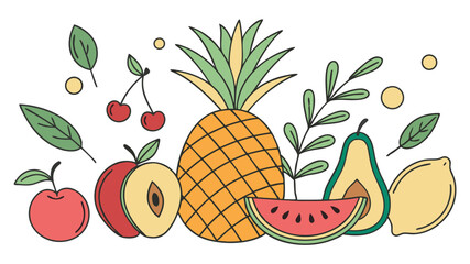 Hand drawn colorful assortment of fruits with leaves and botanical elements vector