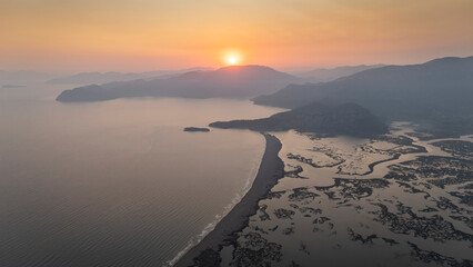 Aerial drone view of Dalyan delta and Iztuzu beach. Turkey. 