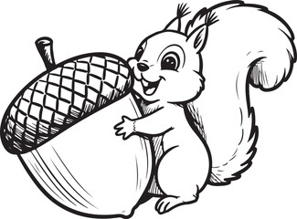 A black and white cartoon sketch of a squirrel holding an acorn bigger than its head cartoon, sketch, black and white, outline