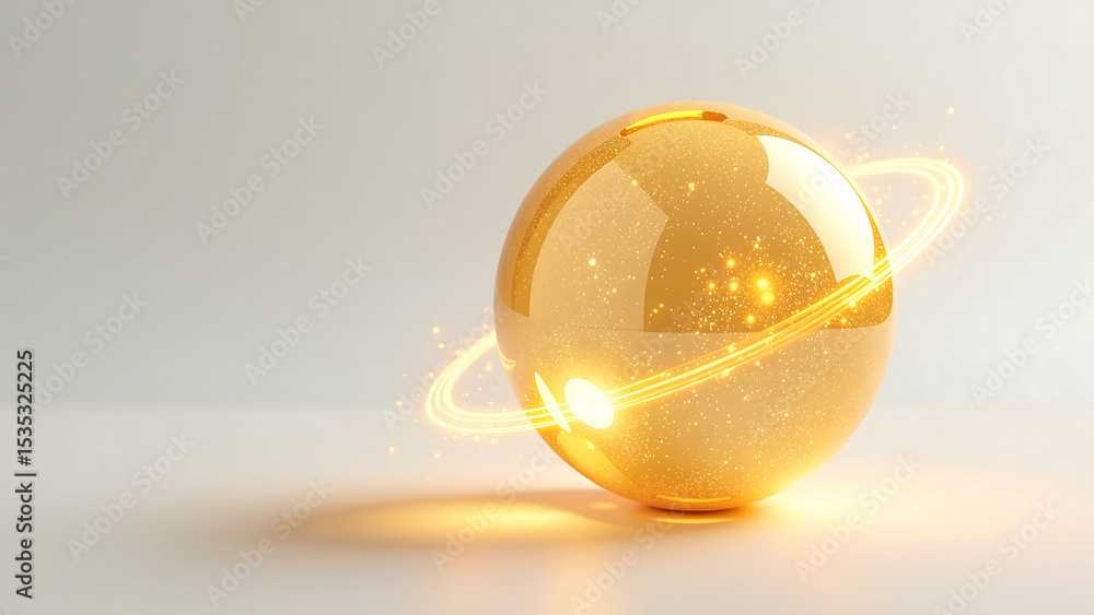Poster glowing yellow gold sphere pulsates energy loop surface textured intricate patterns set soft white b