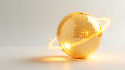 glowing yellow gold sphere pulsates energy loop surface textured intricate patterns set soft white background