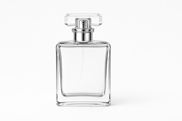 Classic elegant shiny glass perfume bottle in landscape studio photo on white background