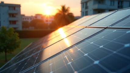 Fototapeta premium green energy panel photovoltaic cells glistening soft morning sunlight blurred urban backdrop windows trees