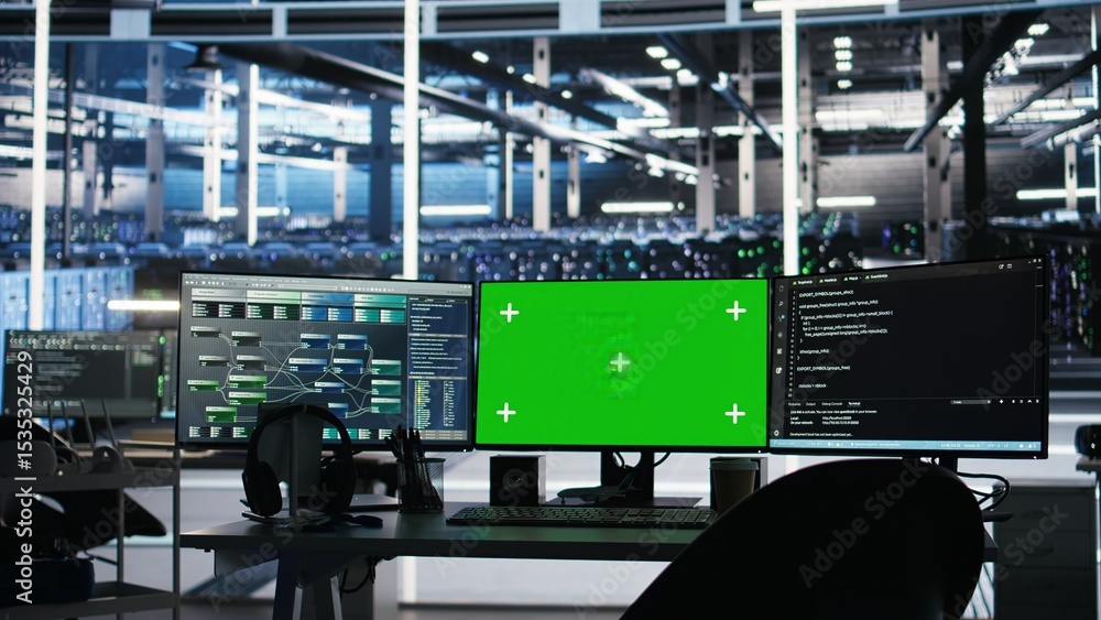 Poster chroma key computer displays in data center workplace used for managing supercomputers hardware ener