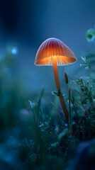 Glowing mushroom in forest at night, bioluminescent fungi nature photography