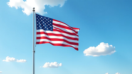 Obraz premium lone american flag hangs vertically bright blue sky scattered white clouds red white blue stripes standing