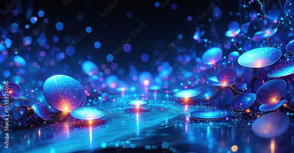 Poster Glowing blue structures dominate scene. Light reflects off wet surfaces, creating magical atmosphere. Particles float throughout dark space.