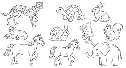 Animal coloring pages for kids printable free download cheetah horse elephant rabbit sloth on transparent background