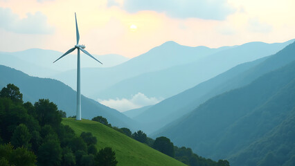 lone wind turbine stands serene backdrop lush green mountains misty valley blades slowly turning soft