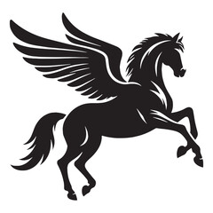 Majestic Dark Pegasus Winged Horse Silhouette Outline with Powerful Uplifted Wings and Elegant Mane - pegasus silhouette - pegasus vector - silhouette of pegasus - Pegasus illustration 