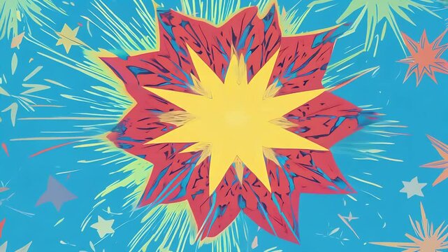 Jubilant starbursts explode retro ink canvas radiating mod palettes saffron teal raspberry updated headline sells groovy K homage to late sixties pop art perfect vintage video inspired title cards