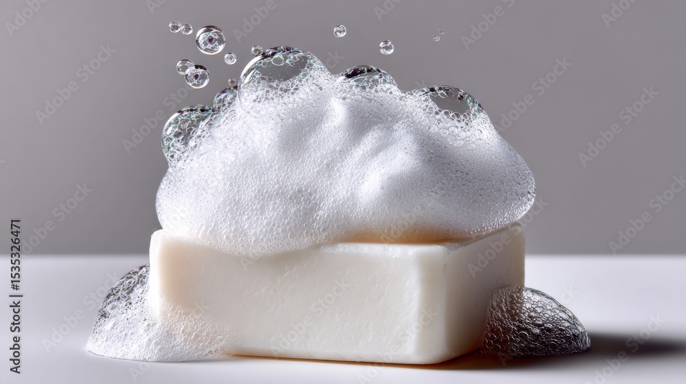 Poster white bar of soap is sitting on a table with a lot of bubbles surrounding it