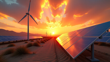 lone wind turbine stands tall fiery desert sky sunset rows gleaming solar panels stretching warm golden