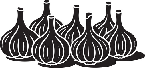 Group of Six Black and White Garlic Bulbs Illustration