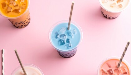 Bubble tea with colorful straws on pink background