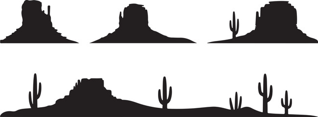Silhouette Set of Desert Landscapes with Cacti and Buttes © IllustraStock