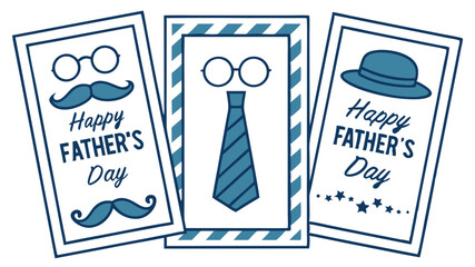 Hand drawn father's day greeting cards featuring a hat, tie, and mustache on white background