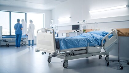 Hospital room with beds and staff