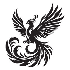 Obraz premium Fearsome Phoenix Ancient Rebirth Bird Shape Silhouette with Stern Demeanor and Royal Bearing - phoenix silhouette - phoenix vector - silhouette of phoenix - mythical creature vector 