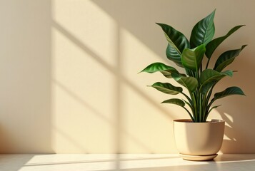 Obraz premium Green Plant in Beige Pot Against Textured Wall with Sunlight