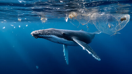 Fototapeta premium Plastic pollution in the ocean is an environmental problem. Whales swim among plastic waste in the ocean. A global problem, a threat to ocean wildlife and calling for urgent action to protect 