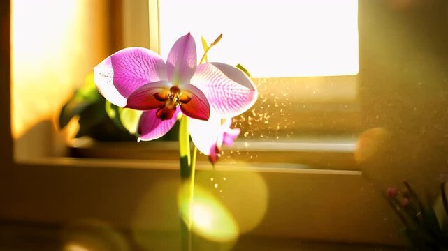 Soft afternoon sunlight kisses blooming pink orchid perched kitchen sill casting warm reflections rustic tiles fresh forty plus word title spotlights serene domestic vibes wellness storytelling razor