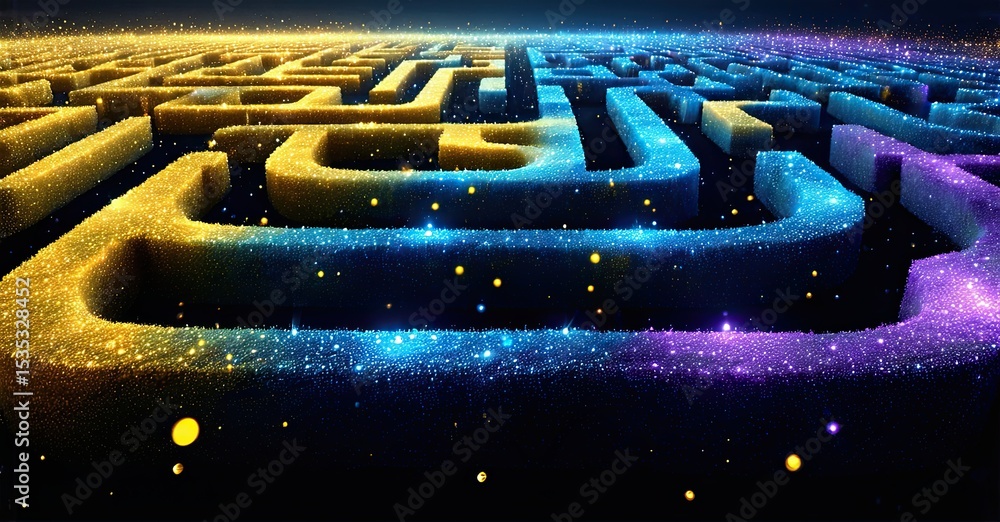 Poster complex labyrinth glows, vibrant colors blend. abstract design evokes mystery, challenge, exploratio