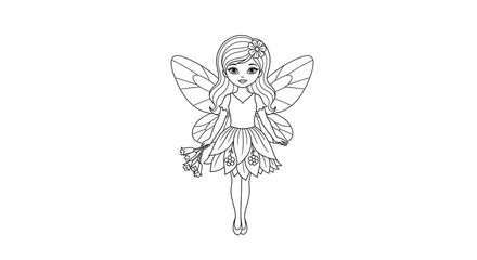 Fairy coloring page for kids and adults, printable fairy outline, fairy line art illustration on transparent background © Farjana