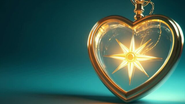Heart-shaped compass pendant glowing against a teal background, symbolizing guidance and love