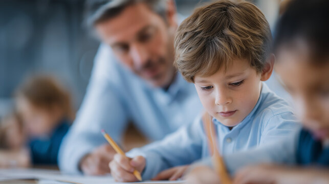 A teacher assisting primary students with homework in a classroom