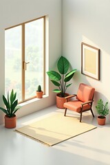 Isometric Minimalist Room Interior with Plants