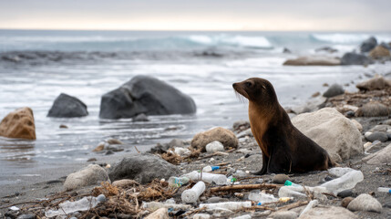 A sad sea lion on a polluted beach with plastic trash strewn everywhere. Plastic pollution in the ocean is an environmental issue. A global problem, a threat to ocean wildlife and calling for urgent