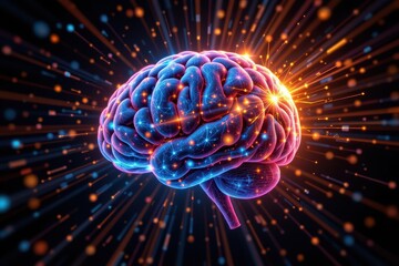 Abstract human brain with glowing blue fractal energy swirl