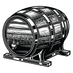 Black and white illustration of a wooden beer barrel, done in a retro engraving style. The graphic is perfect for logos, posters, bar menus, packaging or clothing.