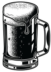 Black and white illustration of a beer mug with foam, done in a retro engraving style. The graphic is perfect for logos, posters, bar menus, packaging or clothing.
