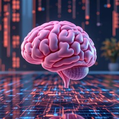 Illustration of a pink brain floating over a digital grid surface and holographic background.