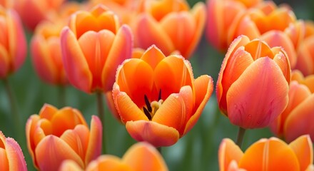 Fototapeta premium A vibrant field of orange tulips in full bloom creating a beautiful floral display in natural light