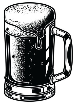 Black and white illustration of a beer mug with foam, done in a retro engraving style. The graphic is perfect for logos, posters, bar menus, packaging or clothing.