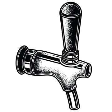 Vintage black and white engraving illustration of a beer tap handle. Perfect for brewery branding, bar menu designs, posters, and packaging.