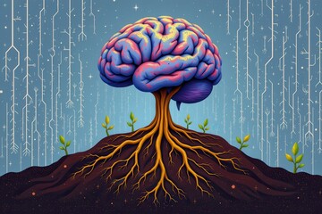 simplified illustration of brain with roots reaching into neural soil