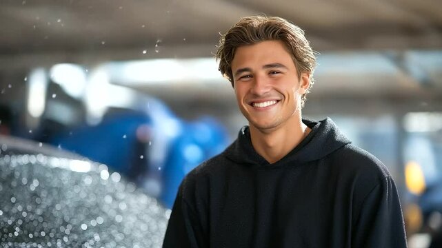 A satisfied customer drying a car with a microfiber towel - Powered by Adobe