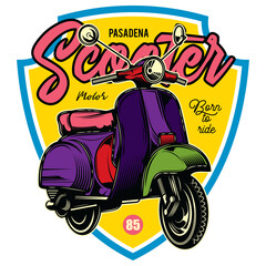 Original illustration in vintage style. Classic scooter. T-shirt design, design element.