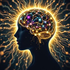 A faintly glowing nerve fiber stretches beneath the brain's shadow.