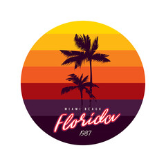Vintage round sunset in 80's style. Design element.