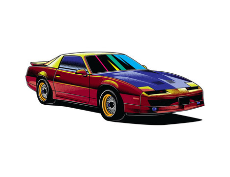 Original illustration. American muscle car in vintage style. T-shirt design.