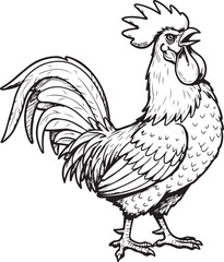 A black and white cartoon sketch of a rooster crowing with pride, cartoon, sketch, black and white, outline